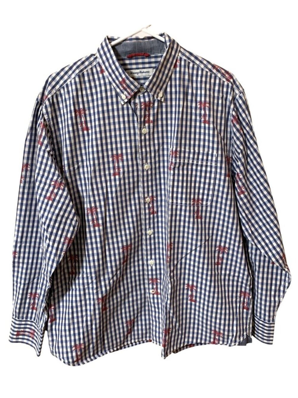 Tommy Bahama Men's L Cotton Button Down Shirt Blue Gingham Check Palm Tree